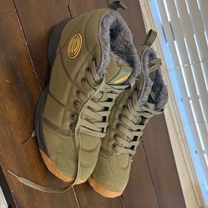 Olive Green Fur-Lined High-Top Sneakers